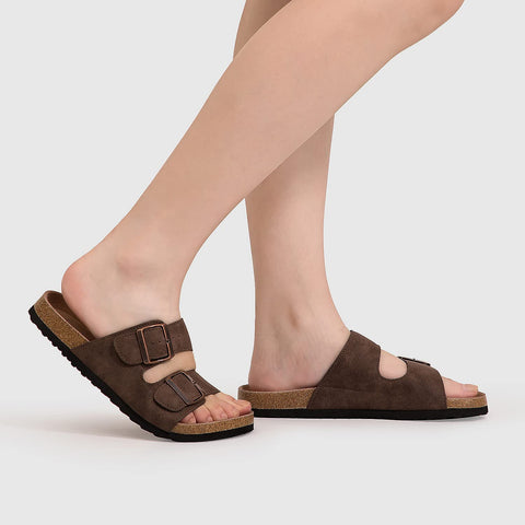 mysoft Womens Slide Sandals Cork Footbed，2 Straps Adjustable Buckle Slip on Sandals with +Comfort Arch Support
