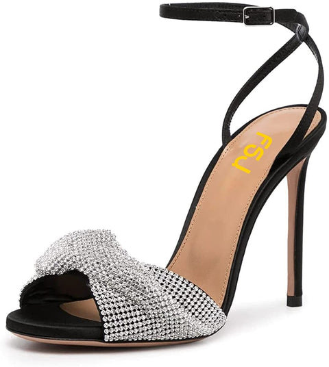 FSJ Women Floral Open Toe Bowknot Stylish Stiletto High Heel Sandals Adjustable Ankle Strap Buckle Pumps Fashion Rhinestones Studded Slingback Wedding Prom Shoes Size 4-15 US