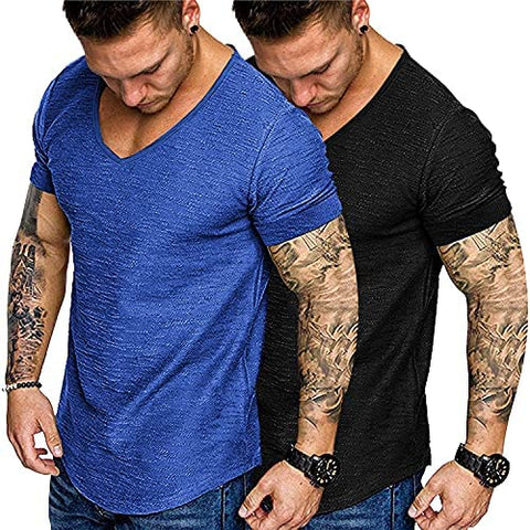 Mens 2 Pack Muscle V Neck T Shirt Fitted Gym Workout Short Sleeve Tee