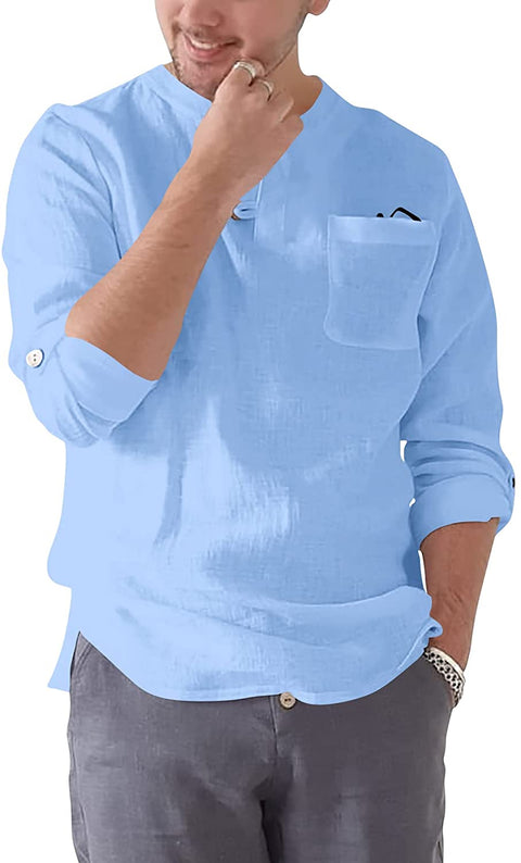 Men's Long Sleeve Cotton Linen Blend Henley Shirt Lightweight Solid Breathable Casual Shirts Tops