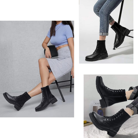 katliu Women's Military Combat Boots Lace Up Ankle Boots