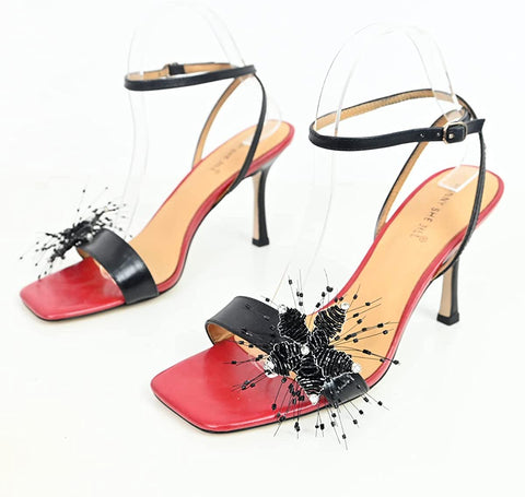 FSJ Women High Heels Sandals Stiletto Ankle Strap Open Square Toe Special Dress Evening Unique Flowers Shoes Size 4-15 US