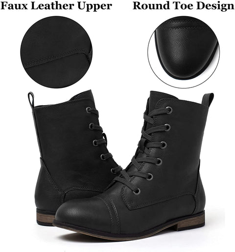 Katliu Women's Combat Boots Lace up Military Ankle Boots Side Zipper Round Toe Booties