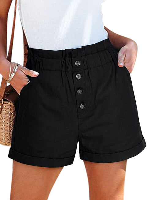 Women's 100% Cotton Teen Girls High Waist Front Buttons Summer Beach Rolled Casual Shorts with Pockets