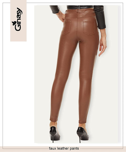 Ginasy Brown Leather Pants for Women Stretchy Dressy Pleather Leggings for Tummy Control