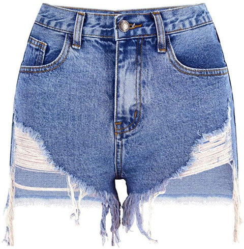 Women's Irregular Frayed Hem Casual High Waisted Solid Denim Shorts