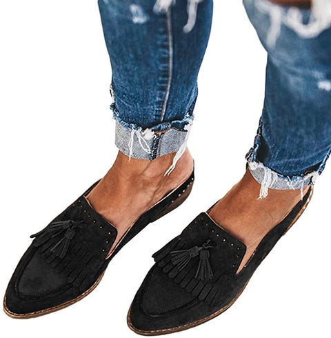 Ruanyu Womens Backless Mules Sandals Flat Pointed Toe Slip On Studded Tassel Comfortable Penny Loafers