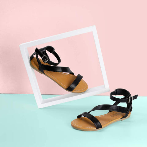 SANDALUP Flat Sandals with Oblique Band Ankle Strap for Women