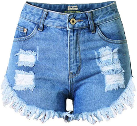 Women's Irregular Frayed Hem High Rise Cut Off Ripped Slim Junior Denim Shorts