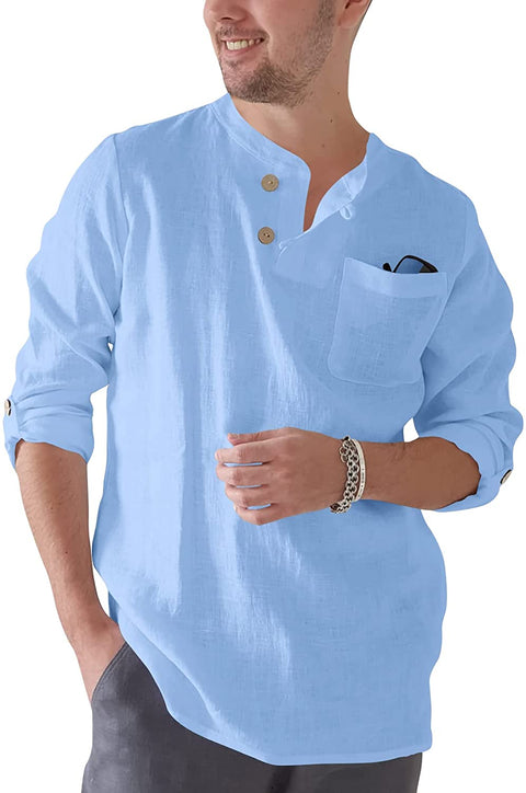 Men's Long Sleeve Cotton Linen Blend Henley Shirt Lightweight Solid Breathable Casual Shirts Tops