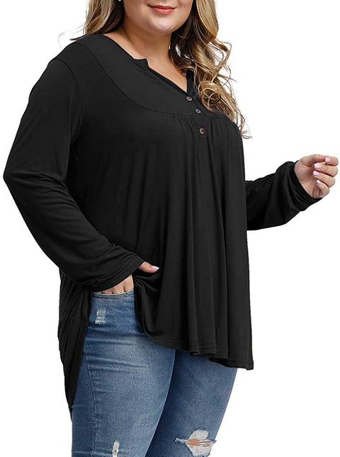 Women's Plus Size Tunics Button Up Henley V Neck Tops Pleated Long Sleeve Tunic Shirts