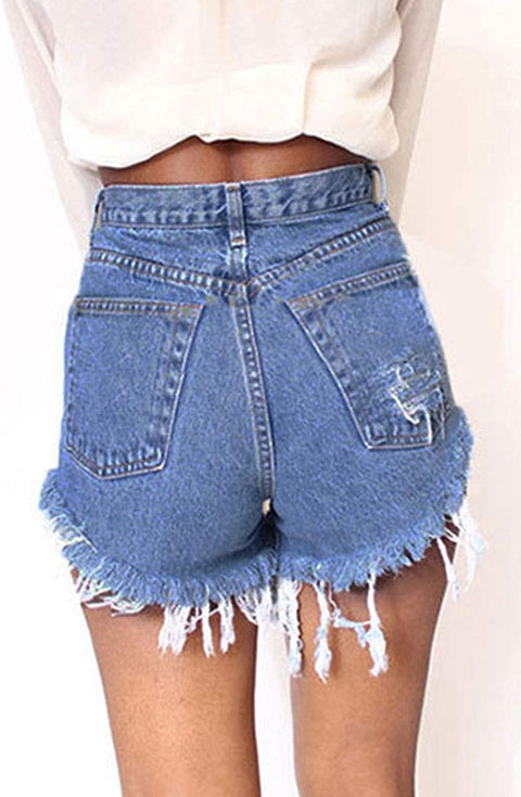 Women's High Waist Ripped Frayed Hem Casual Solid Denim Shorts