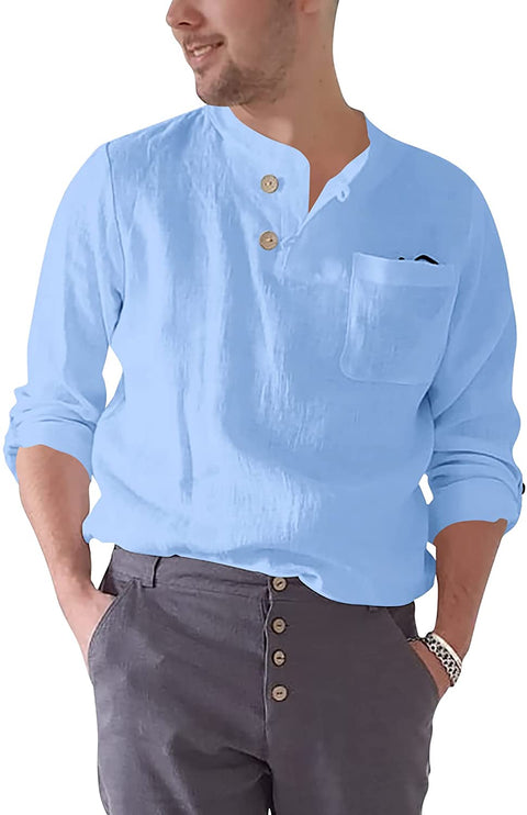 Men's Long Sleeve Cotton Linen Blend Henley Shirt Lightweight Solid Breathable Casual Shirts Tops