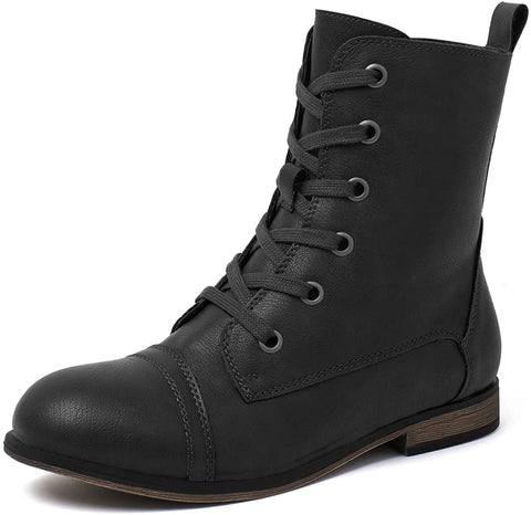 Katliu Women's Combat Boots Lace up Military Ankle Boots Side Zipper Round Toe Booties