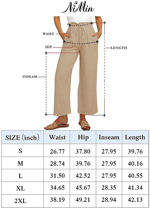 Womens Linen Pants High Waisted Wide Leg Drawstring Casual Loose Trousers with Pockets