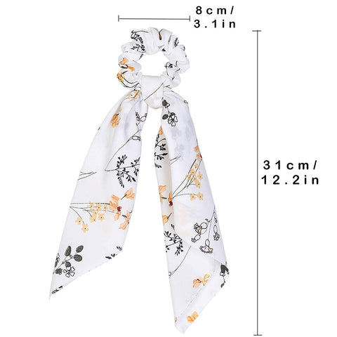 AWAYTR Chiffon Ponytail Hair Scarf Scrunchies - 4 Packs Flower Cashew Leopard Ripple Point Elastic Hair Ties Bow for Women (White + Grey + Turmeric + red)
