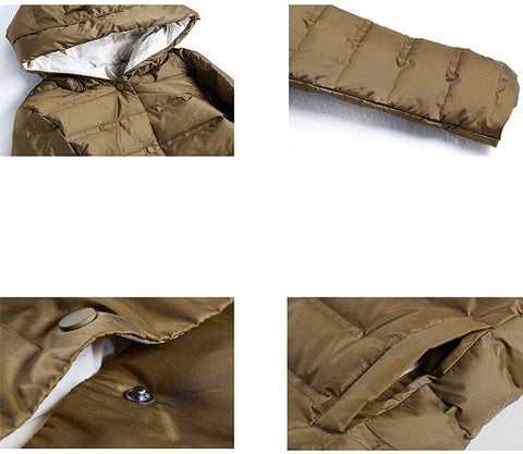 Women's Hood Knee Length Buckle Fashion Down Jackets Solid Long Sleeve Coat