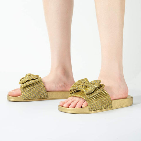 Comfort Flat Sandals for Women Cute Glitter Bow Casual Beach Slip On Dress Shoes Fashion Platform Footbed Slide Slippers Open Toe