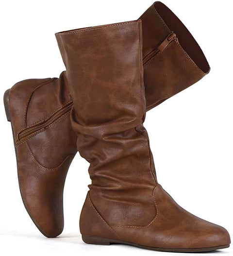 katliu Women's Slouchy Mid Calf Boots Zip up Flat Boots