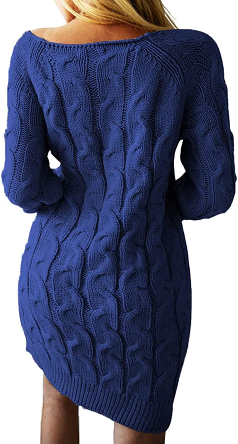 Sweater Dress for Women Long Sleeve Cable Knit Casual Crew Neck Mini Dress Warm Chunky Sweater Pullover