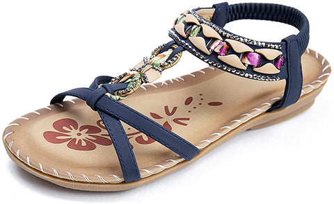 Womens Summer Comfort Flats Sandals with Elastic Ankle Strap Casual Gladiator Bohemian Rhinestone Shoes Beach Slip On Sandals Open Toe