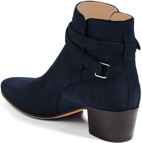 FSJ Women Elegant Round Toe Ankle Boots Comfortable Walking Mid High Chunky Heels Strappy Buckle Dress Shoes Size 4-15 M US