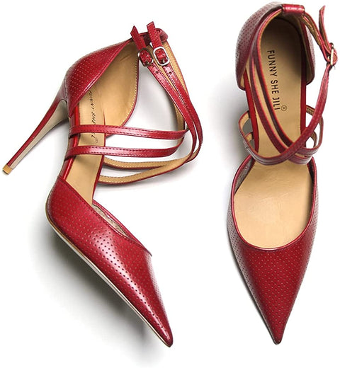FSJ Women High Heel Stiletto Ankle Strap Sandals Pointed Toe Hollow Pumps Genuine Leather Dress Shoes Cross Strips Buckle Shoes