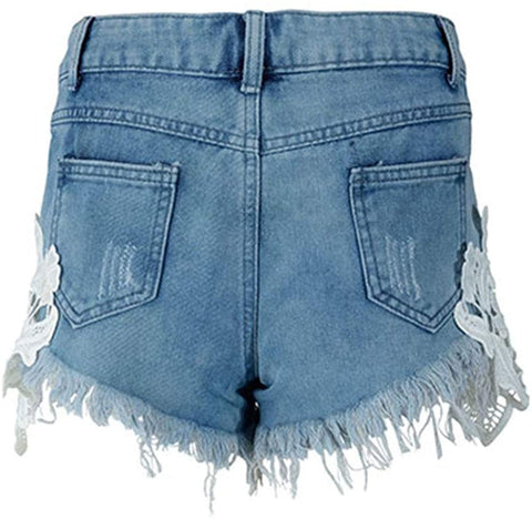 Women's Lace Spliced Ripped Frayed Hem Casual Solid Mid Waisted Denim Shorts