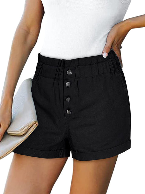 Women's 100% Cotton Teen Girls High Waist Front Buttons Summer Beach Rolled Casual Shorts with Pockets