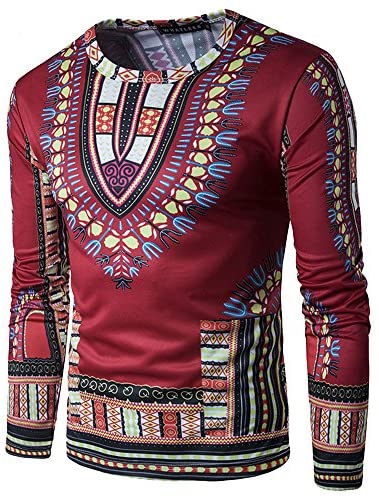 Men's Long Sleeve Causal Dashiki Blouse Slim Fit African Printed Tee Shirt