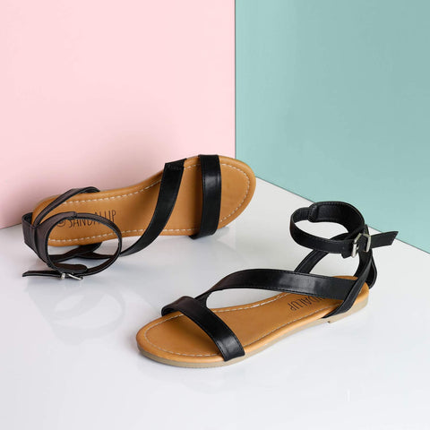 SANDALUP Flat Sandals with Oblique Band Ankle Strap for Women
