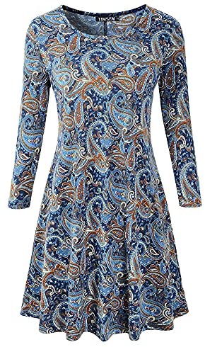 Luckco Women's Scoop Neck 3/4 Sleeve Floral Flare Casual Swing T-Shirt Dress
