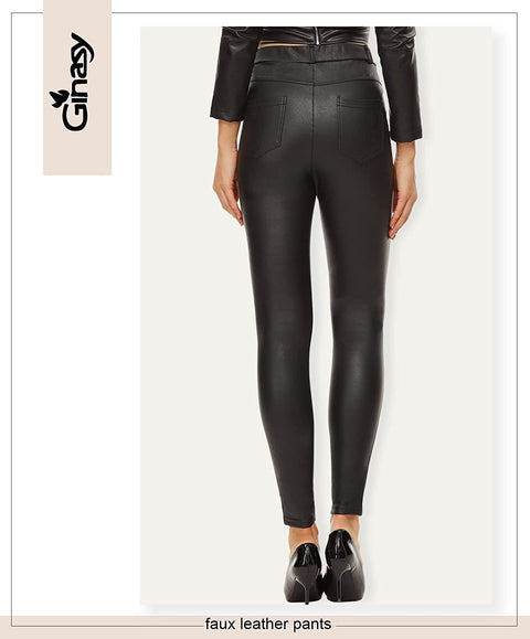 Ginasy Black Faux Leather Pants for Women High Waist Dressy Pleather Leggings