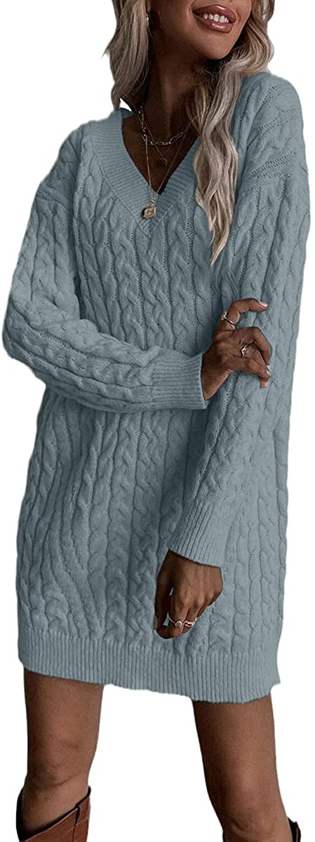Dyexces Womens Cable Knit Sweater Dress Long Sleeve V Neck Mini Knit Dresses Without Belt Loose Casual Sweaters