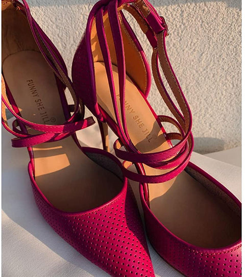 FSJ Women High Heel Stiletto Ankle Strap Sandals Pointed Toe Hollow Pumps Genuine Leather Dress Shoes Cross Strips Buckle Shoes