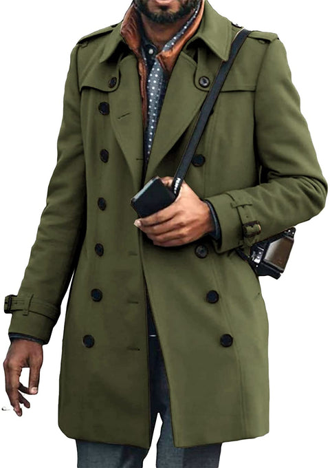 Mens Long Double Breasted Trench Coat Notch Lapel Collar Solid Color Windbreaker Waterproof Jacket Overcoat Outwear