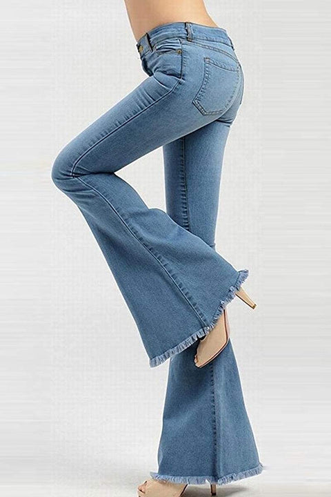 Women's Low Rise Flared Bell Bottom Fashion Raw Hem Casual Long Denim Pants