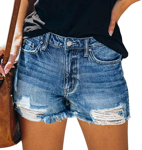 Karlywindow Women's Ripped Jean Shorts Mid Rise Stretchy Frayed Raw Folded Hem Casual Denim Shorts