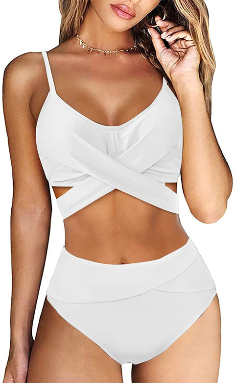 Zwurew Womens Cross Front High Waist Bikini Set Swimsuit Two Piece Lace Up Swimwear Bathing Suit
