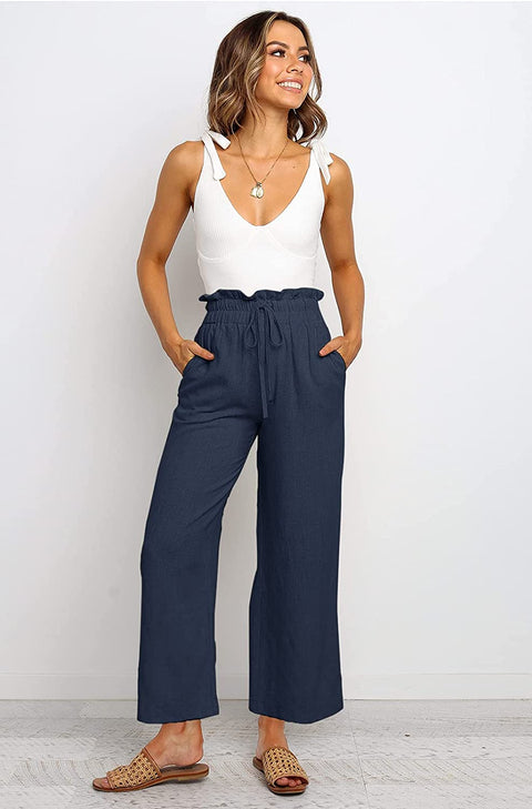 Womens Linen Pants High Waisted Wide Leg Drawstring Casual Loose Trousers with Pockets