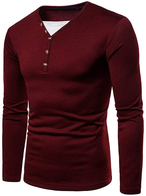 Men's Fashion V Neck Henley Shirt Winter Warm Fleece Lined Long Sleeve T-Shirt