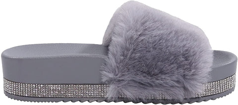 EETTARO Women's Fuzzy Slippers Faux Fur Slides Open Toe Fluffy Platform Sandals Slip on Indoor Outdoor Shoes