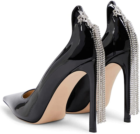 FSJ Women Stylish Rhinestone Chain Pumps Sexy Pointy Toe Stiletto High Heel Party Slip On Swallow Tailed Tassel Dress Prom Bridal Shoes Size 4-15 US