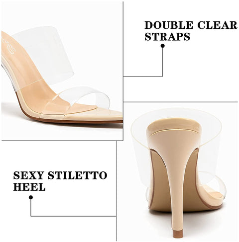 Katliu Women's Clear Pointed Toe Heels Sandals Transparent Strap Stiletto High Heels Slip on Mules Heeled Sandals