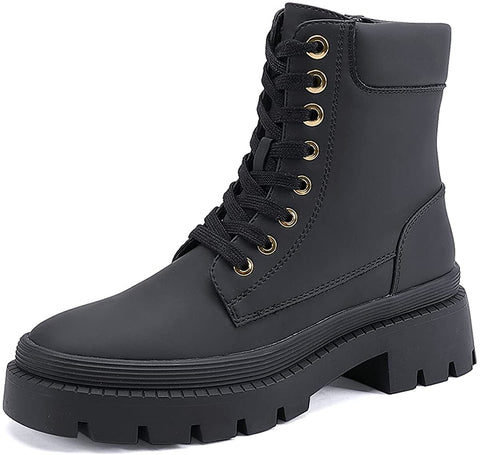 EETTARO Women's Lace Up Ankle Boots Low Heel Military Combat Booties Ladies Mid Calf Work Shoes