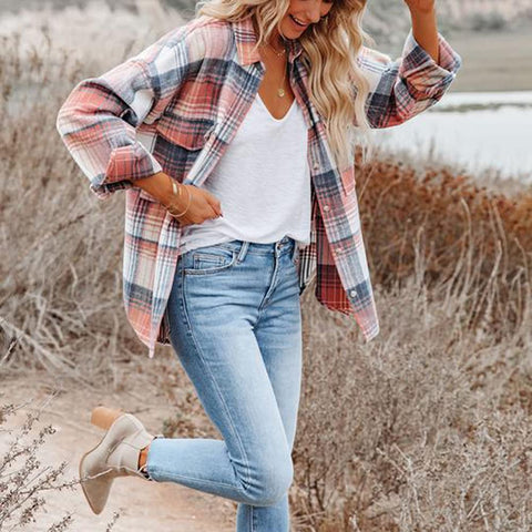 Women's Flannel Plaid Shirts Long Sleeve Lapel Button Down Pocketed Shacket Jacket Coats