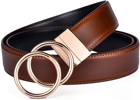 Beltox Women Belt Leather 1.3” Reversible 2 in 1 Rotated 2 Rings Gold Buckle