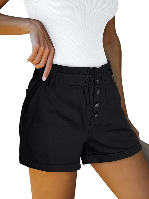 Women's 100% Cotton Teen Girls High Waist Front Buttons Summer Beach Rolled Casual Shorts with Pockets