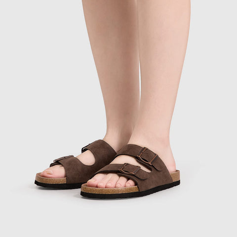 mysoft Womens Slide Sandals Cork Footbed，2 Straps Adjustable Buckle Slip on Sandals with +Comfort Arch Support