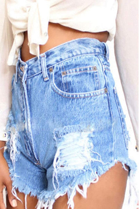 Women's Irregular Frayed Hem High Rise Cut Off Ripped Slim Junior Denim Shorts